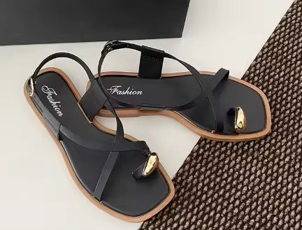 Women's Roman Style Toe-Over Sandals Flat Bottom Outdoor Wear Crossbody PVC Material Anti-Slip Low Heel Footwear
