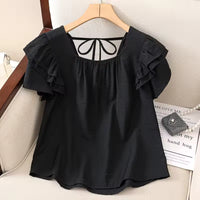 Loose Summer Top Black Square Collar Short Sleeve Women's Fashion plus Size Clothing Breathable Comfortable Cotton Fabric