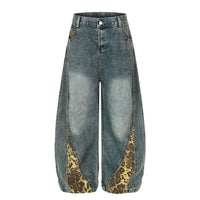 Retro Leopard Print Patchwork Baggy Jeans Women High Waist Wide Leg Washed Denim Pants Trousers Natalia Home Fashion    Natalia Home Fashion