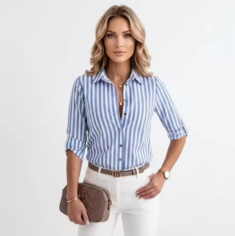 Women's Long Sleeve Striped Button-Up Shirt with Classic Lapel Collar and Curved Hem - Casual Office Wear Tops