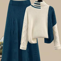 Women's Cable Knit Two Piece Set: High Neck Long Sleeve Sweater & A-Line Midi Skirt, Casual Elegant Pullover Outfit Natalia Home Fashion    Natalia Home Fashion