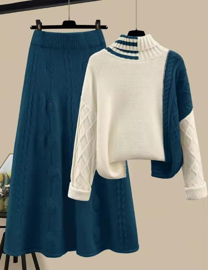 Women's Cable Knit Two Piece Set: High Neck Long Sleeve Sweater & A-Line Midi Skirt, Casual Elegant Pullover Outfit Natalia Home Fashion    Natalia Home Fashion