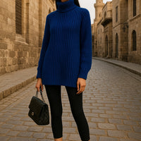 Turtlenecks Women Pullovers Mid-Long Casual Knit Sweater Fad Raglan Sleeves Side Slit Sweater New Skirt-style Jumper