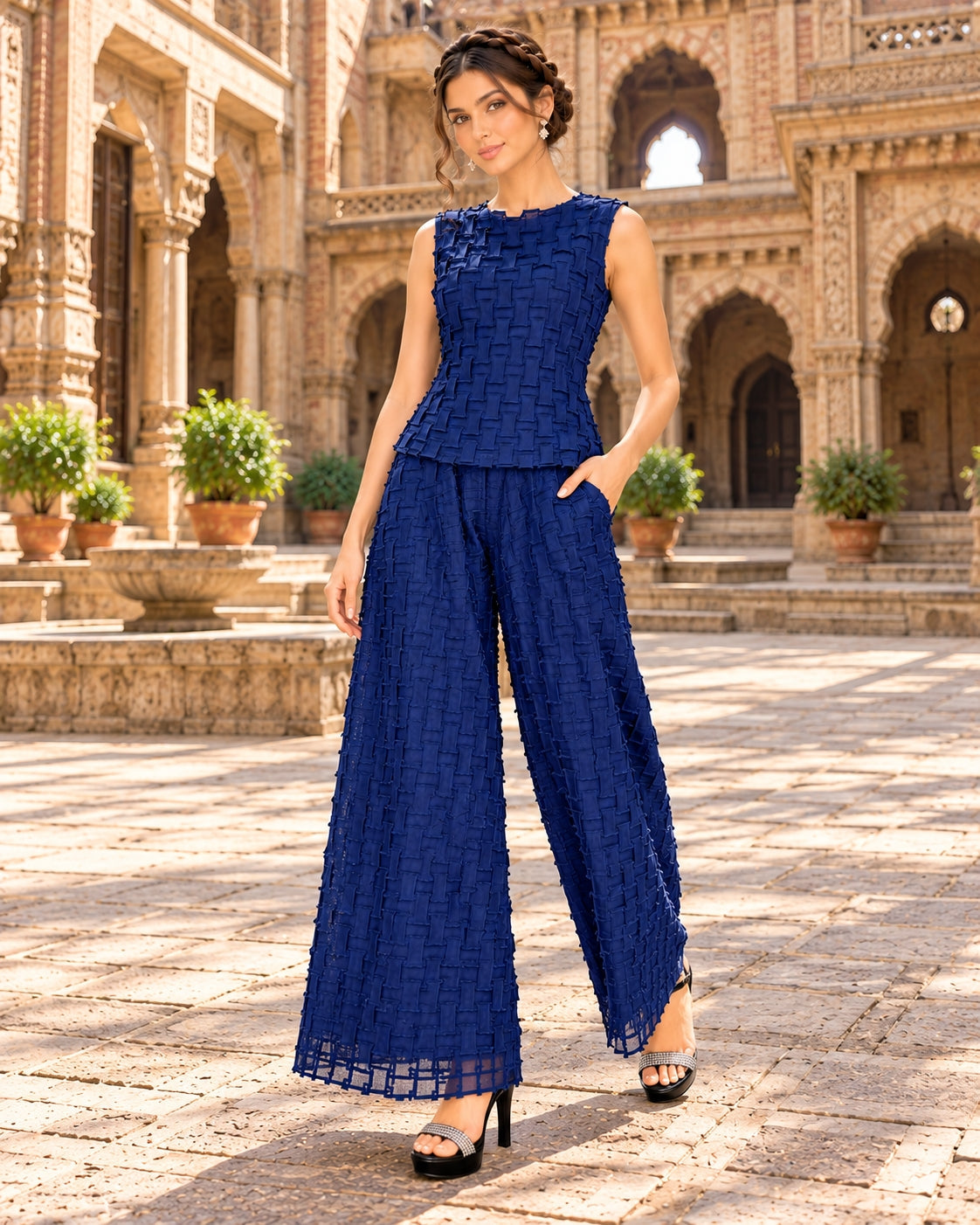 Handmade Pleated Set Women Summer New Sleeveless Vest Top Flared Pants Comfortable Casual Loose Large Size with Stretchy Natalia Home Fashion    Natalia Home Fashion