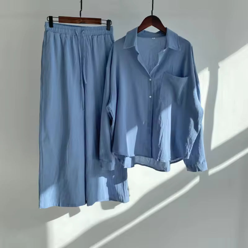 Cotton and Linen Shirt Suit High Waist Loose Trousers Elegant Women Sets Two Piece Set for Women Natalia Home Fashion    Natalia Home Fashion
