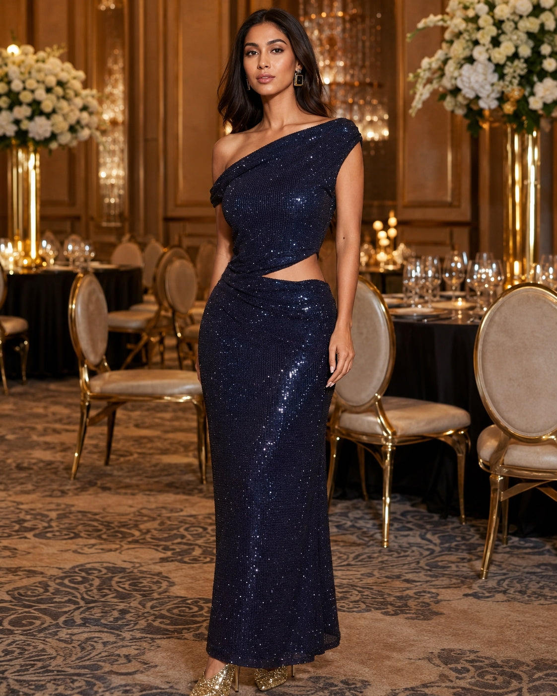 Fashion Water Diamond Slanted Shoulder Hollowed Out Sparkling Party Dress Women's Ankle-length Dresses