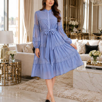 Elegant Hollow Out Organza Long Maxi Dresses Shirt Women  Layer Ruffle Full Sleeve Pearl Evening Party Dress