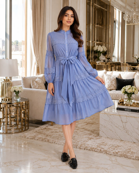 Elegant Hollow Out Organza Long Maxi Dresses Shirt Women  Layer Ruffle Full Sleeve Pearl Evening Party Dress