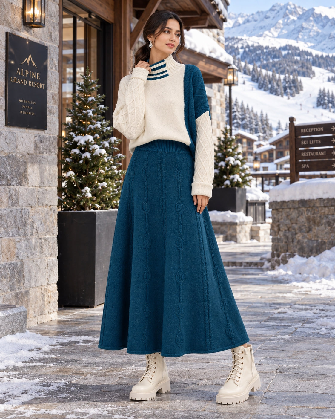 Women's Cable Knit Two Piece Set: High Neck Long Sleeve Sweater & A-Line Midi Skirt, Casual Elegant Pullover Outfit Natalia Home Fashion    Natalia Home Fashion