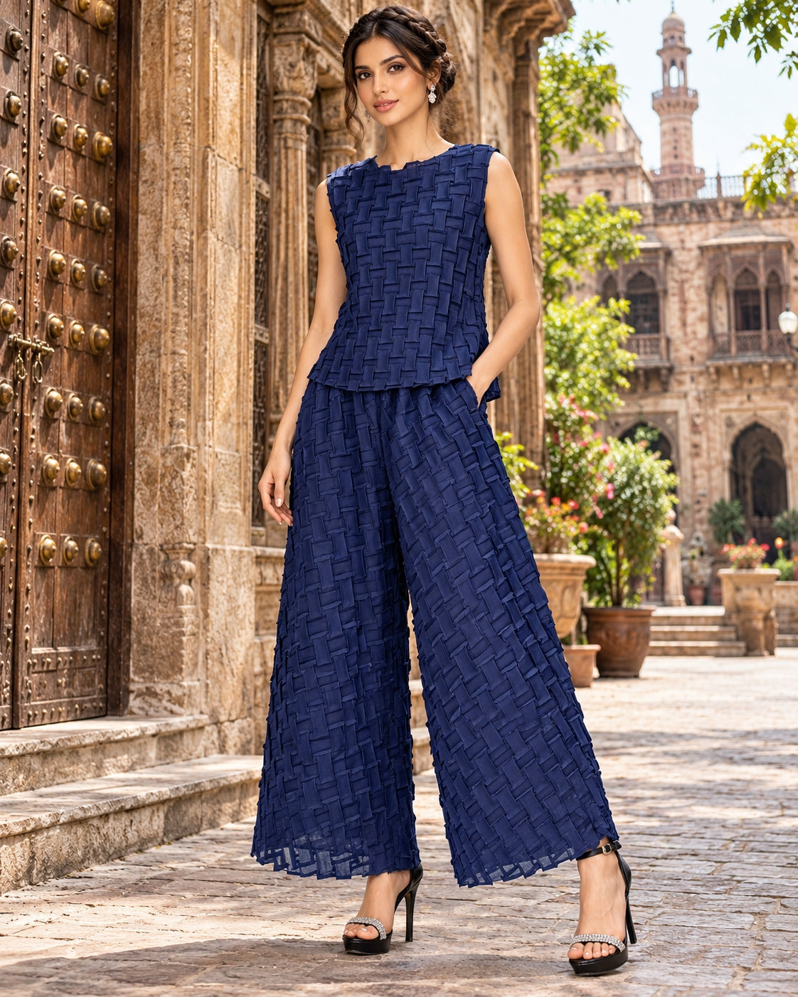 Handmade Pleated Set Women Summer New Sleeveless Vest Top Flared Pants Comfortable Casual Loose Large Size with Stretchy Natalia Home Fashion    Natalia Home Fashion