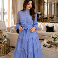 Elegant Hollow Out Organza Long Maxi Dresses Shirt Women  Layer Ruffle Full Sleeve Pearl Evening Party Dress