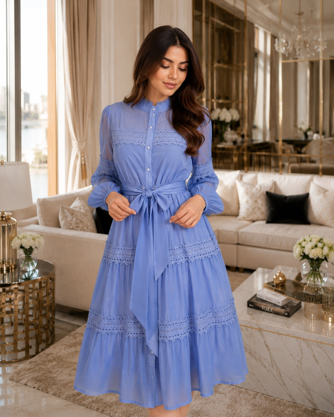 Elegant Hollow Out Organza Long Maxi Dresses Shirt Women  Layer Ruffle Full Sleeve Pearl Evening Party Dress