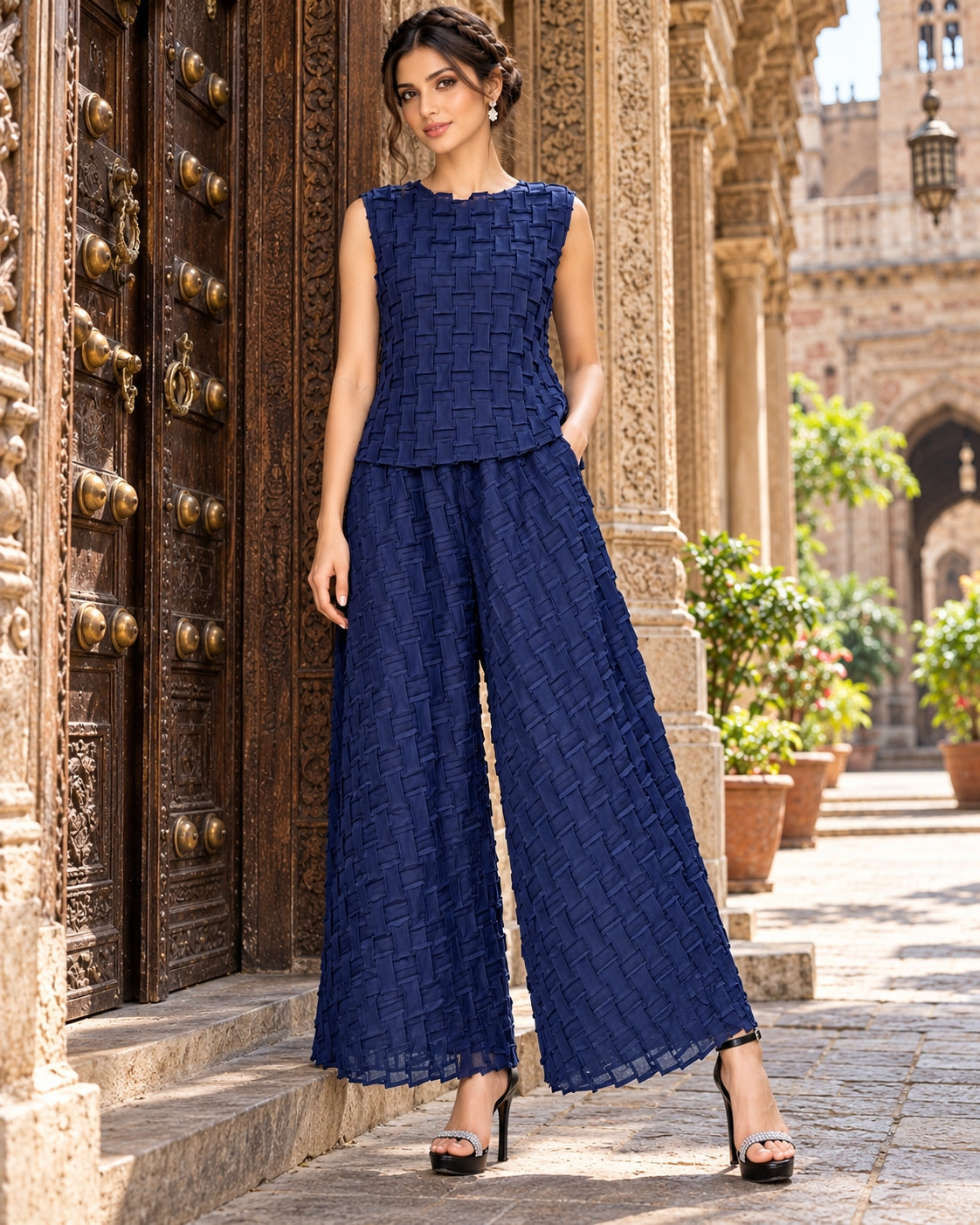 Handmade Pleated Set Women Summer New Sleeveless Vest Top Flared Pants Comfortable Casual Loose Large Size with Stretchy Natalia Home Fashion    Natalia Home Fashion