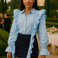 Ruffles Solid Women Shirt Pink Blue Lapel Female Top Elegant Fashion Single Breasted Flare Long Sleeve Lady Blouses