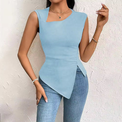 Spring Summer Elegant Stylish Daily Dating Casual Women's Sleeveless Tops Side Ruched Asymmetric Hem One-Shoulder Cut out Natalia Home Fashion    Natalia Home Fashion
