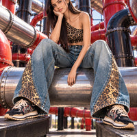 Retro Leopard Print Patchwork Baggy Jeans Women High Waist Wide Leg Washed Denim Pants Trousers Natalia Home Fashion    Natalia Home Fashion