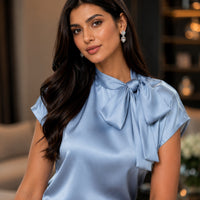 Women's Satin Short-Sleeve Blouse with Tie Collar Large Bow