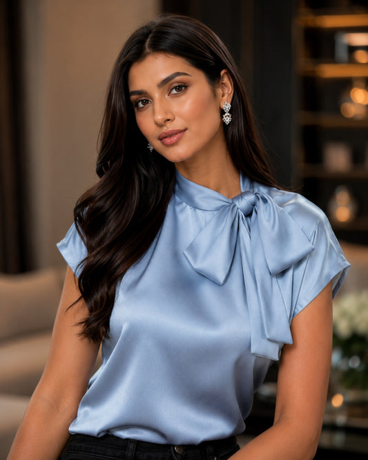 Women's Satin Short-Sleeve Blouse with Tie Collar Large Bow