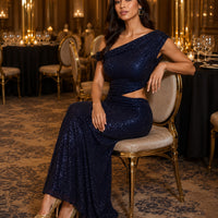 Fashion Water Diamond Slanted Shoulder Hollowed Out Sparkling Party Dress Women's Ankle-length Dresses
