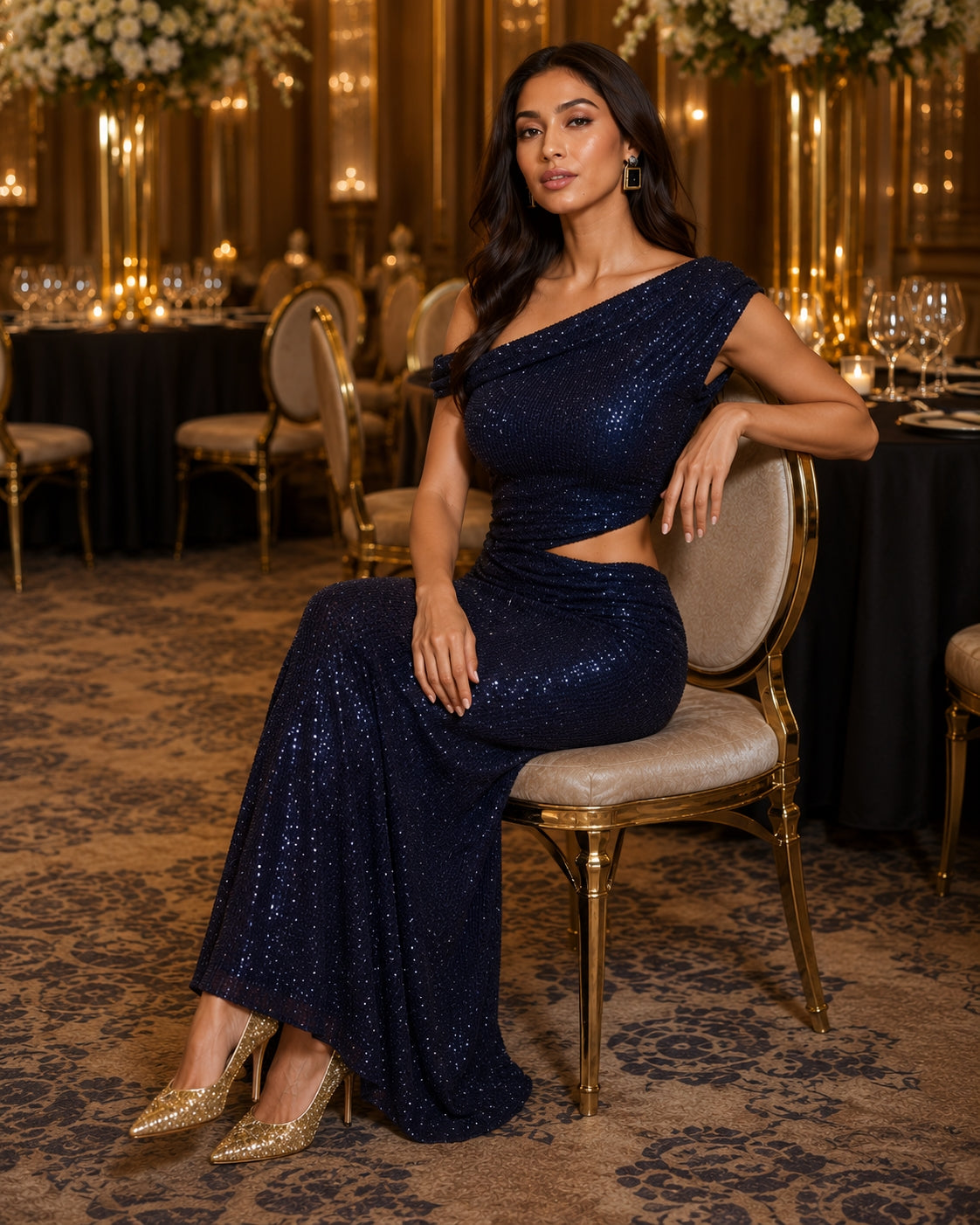 Fashion Water Diamond Slanted Shoulder Hollowed Out Sparkling Party Dress Women's Ankle-length Dresses