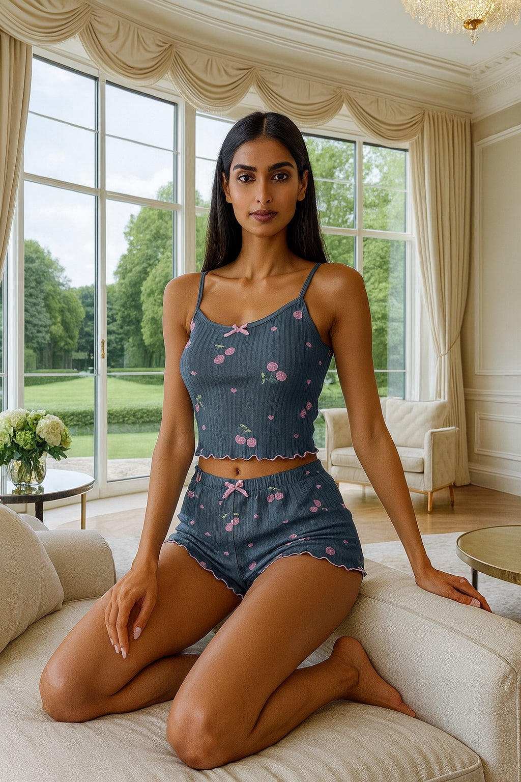 Sleepwear Women's Heart Print Sexy Strap Vest Shorts Home Clothes Set Polyester Fiber Medium Weight Sleeveless