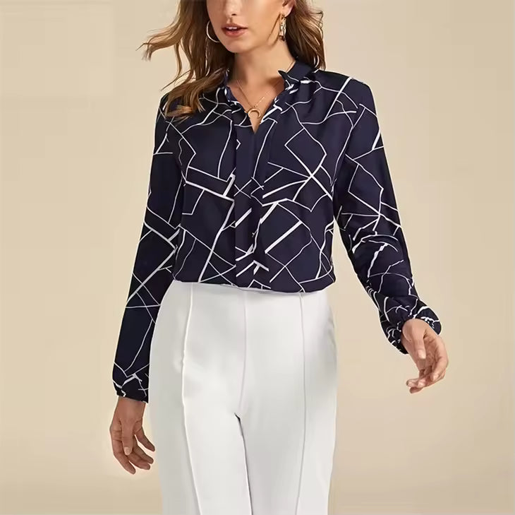 Women's Random Striped Blouse Slim Long Sleeve Printed Turn Down Collar Shirts Single-breasted Office Lady Shirt