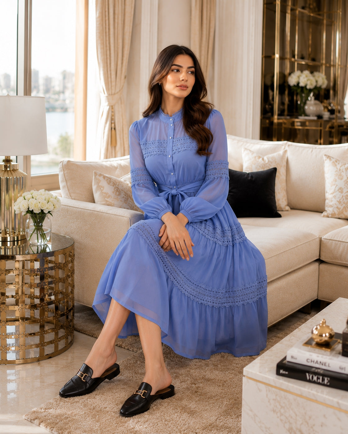 Elegant Hollow Out Organza Long Maxi Dresses Shirt Women  Layer Ruffle Full Sleeve Pearl Evening Party Dress