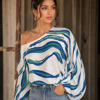 Elegant Printed Sleeve Shirt Independent Station Cross-Border Women's Long Sleeve One-Shoulder Loose Top Commute Style