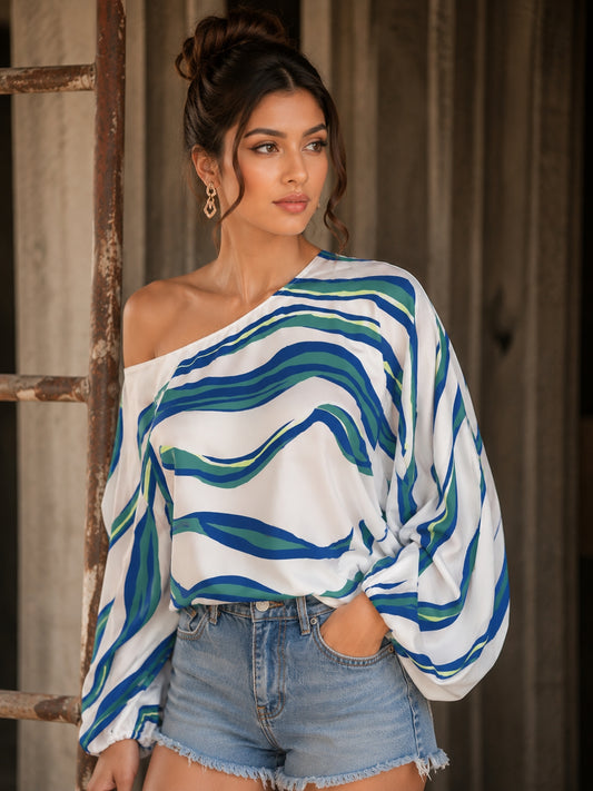 Elegant Printed Sleeve Shirt Independent Station Cross-Border Women's Long Sleeve One-Shoulder Loose Top Commute Style