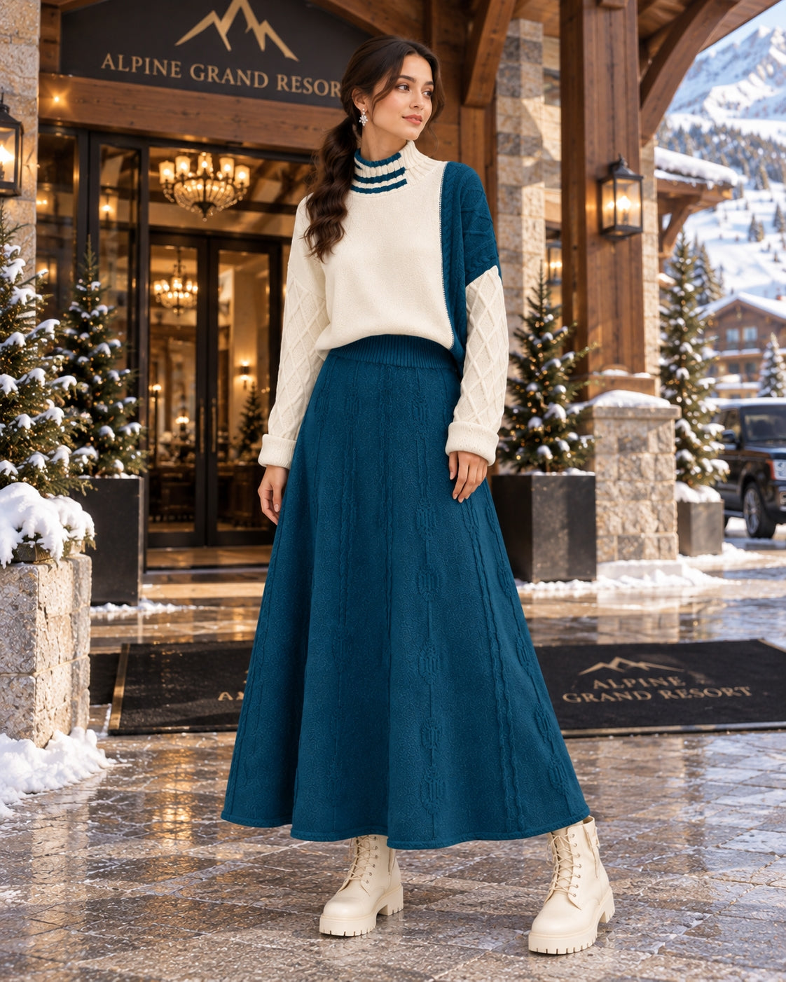 Women's Cable Knit Two Piece Set: High Neck Long Sleeve Sweater & A-Line Midi Skirt, Casual Elegant Pullover Outfit Natalia Home Fashion    Natalia Home Fashion