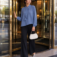 Summer Style Ring Buckle Design Lantern Sleeve Hooded Chiffon Long Sleeve Base Shirt Women's Top