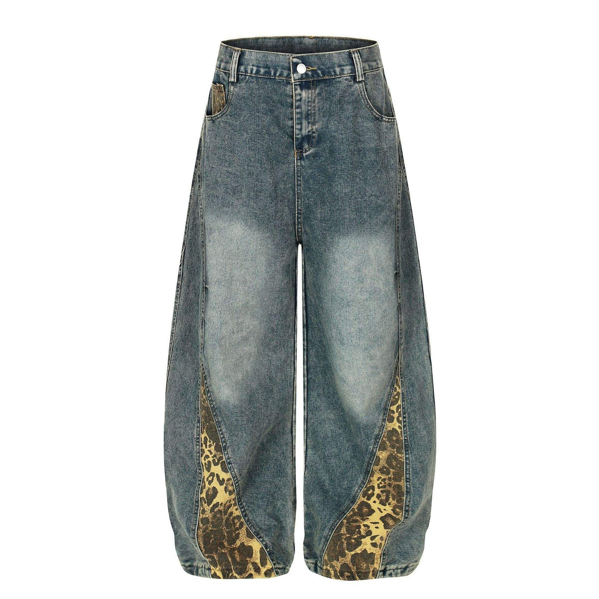 Retro Leopard Print Patchwork Baggy Jeans Women High Waist Wide Leg Washed Denim Pants Trousers Natalia Home Fashion    Natalia Home Fashion