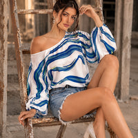 Elegant Printed Sleeve Shirt Independent Station Cross-Border Women's Long Sleeve One-Shoulder Loose Top Commute Style