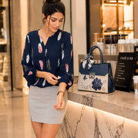 Fashion Woman Blouse Shirts For Women Stylish Top long Sleeve Feather Pattern Female Tops Elegant Chiffon Natalia Home Fashion    Natalia Home Fashion