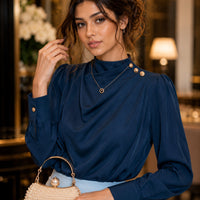 Stylish Long Sleeve Women Satin Blouses Elegant Loose O-neck Buttons Ladies Pullovers Shirts Tops Natalia Home Fashion    Natalia Home Fashion