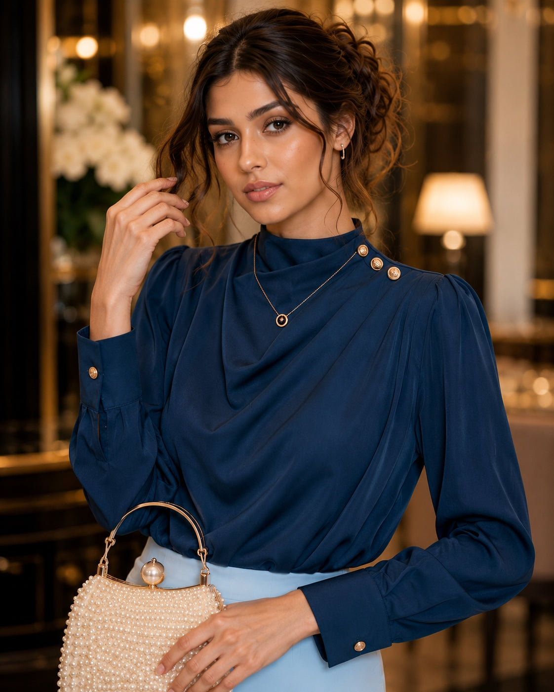 Stylish Long Sleeve Women Satin Blouses Elegant Loose O-neck Buttons Ladies Pullovers Shirts Tops Natalia Home Fashion    Natalia Home Fashion