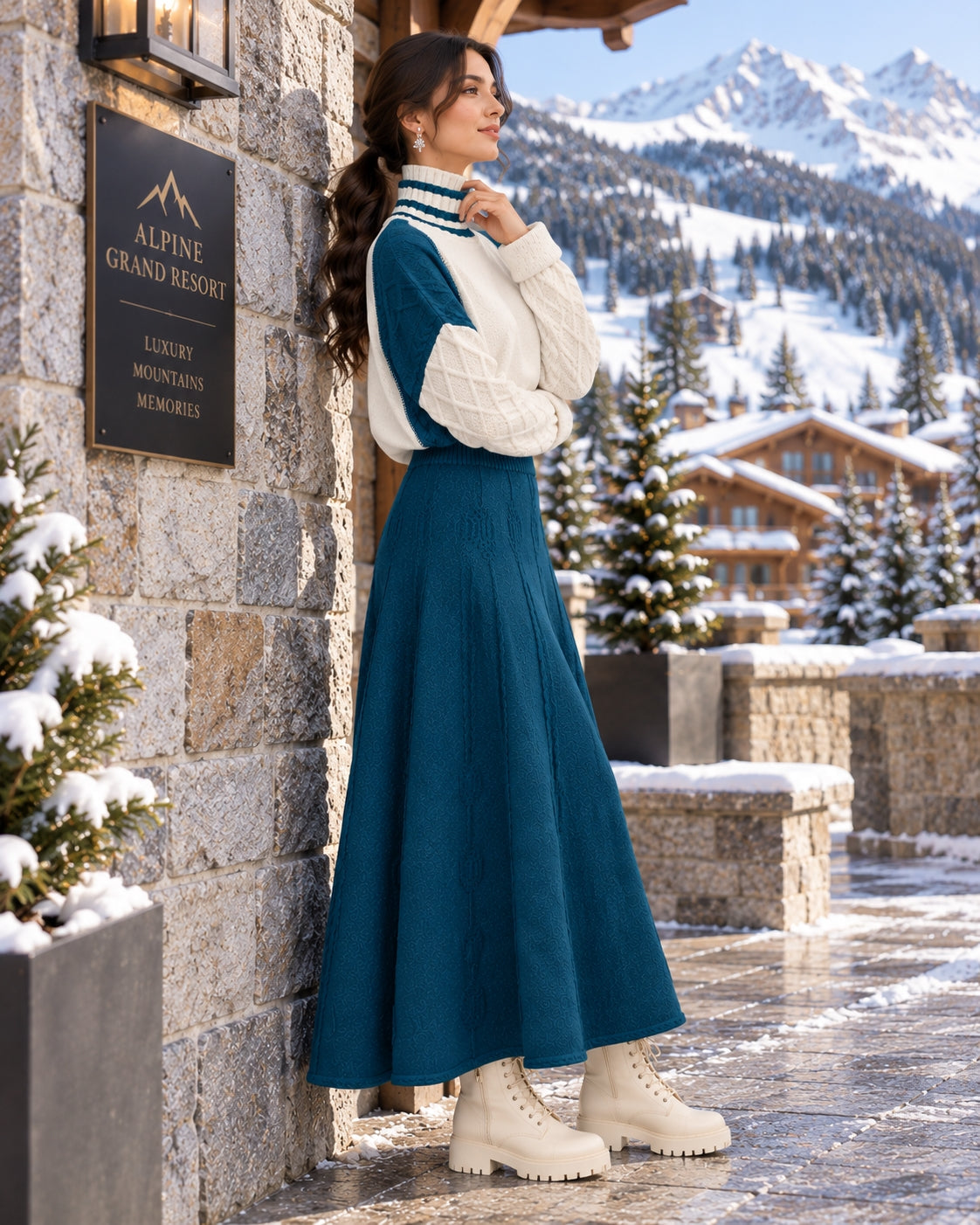 Women's Cable Knit Two Piece Set: High Neck Long Sleeve Sweater & A-Line Midi Skirt, Casual Elegant Pullover Outfit Natalia Home Fashion    Natalia Home Fashion