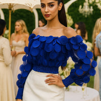 Fashion Women's Shirt Floral Pattern Shirred Sheer Mesh Patch Long Sleeve Off The Shoulder Gigot Sleeve Top