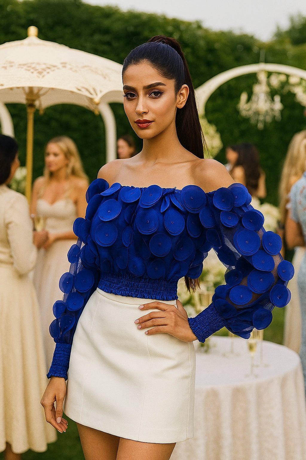 Fashion Women's Shirt Floral Pattern Shirred Sheer Mesh Patch Long Sleeve Off The Shoulder Gigot Sleeve Top