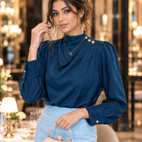 Stylish Long Sleeve Women Satin Blouses Elegant Loose O-neck Buttons Ladies Pullovers Shirts Tops Natalia Home Fashion    Natalia Home Fashion