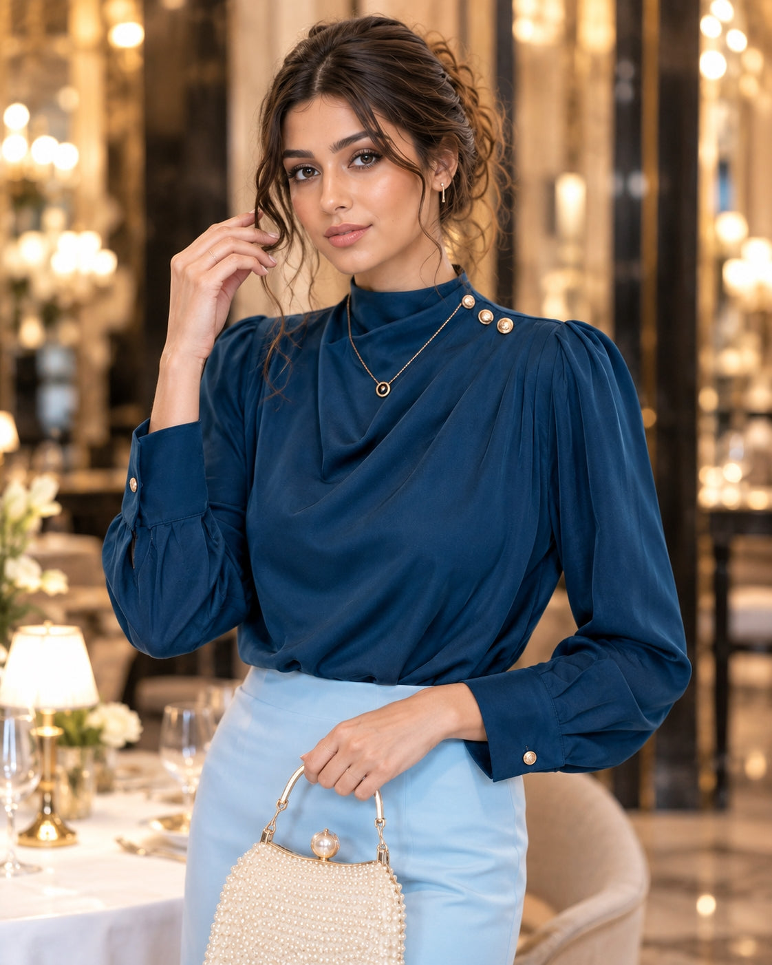 Stylish Long Sleeve Women Satin Blouses Elegant Loose O-neck Buttons Ladies Pullovers Shirts Tops Natalia Home Fashion    Natalia Home Fashion