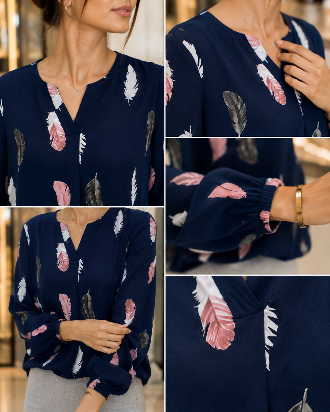 Fashion Woman Blouse Shirts For Women Stylish Top long Sleeve Feather Pattern Female Tops Elegant Chiffon Natalia Home Fashion    Natalia Home Fashion
