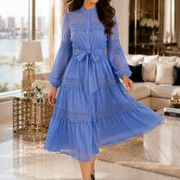 Elegant Hollow Out Organza Long Maxi Dresses Shirt Women  Layer Ruffle Full Sleeve Pearl Evening Party Dress