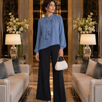 Summer Style Ring Buckle Design Lantern Sleeve Hooded Chiffon Long Sleeve Base Shirt Women's Top