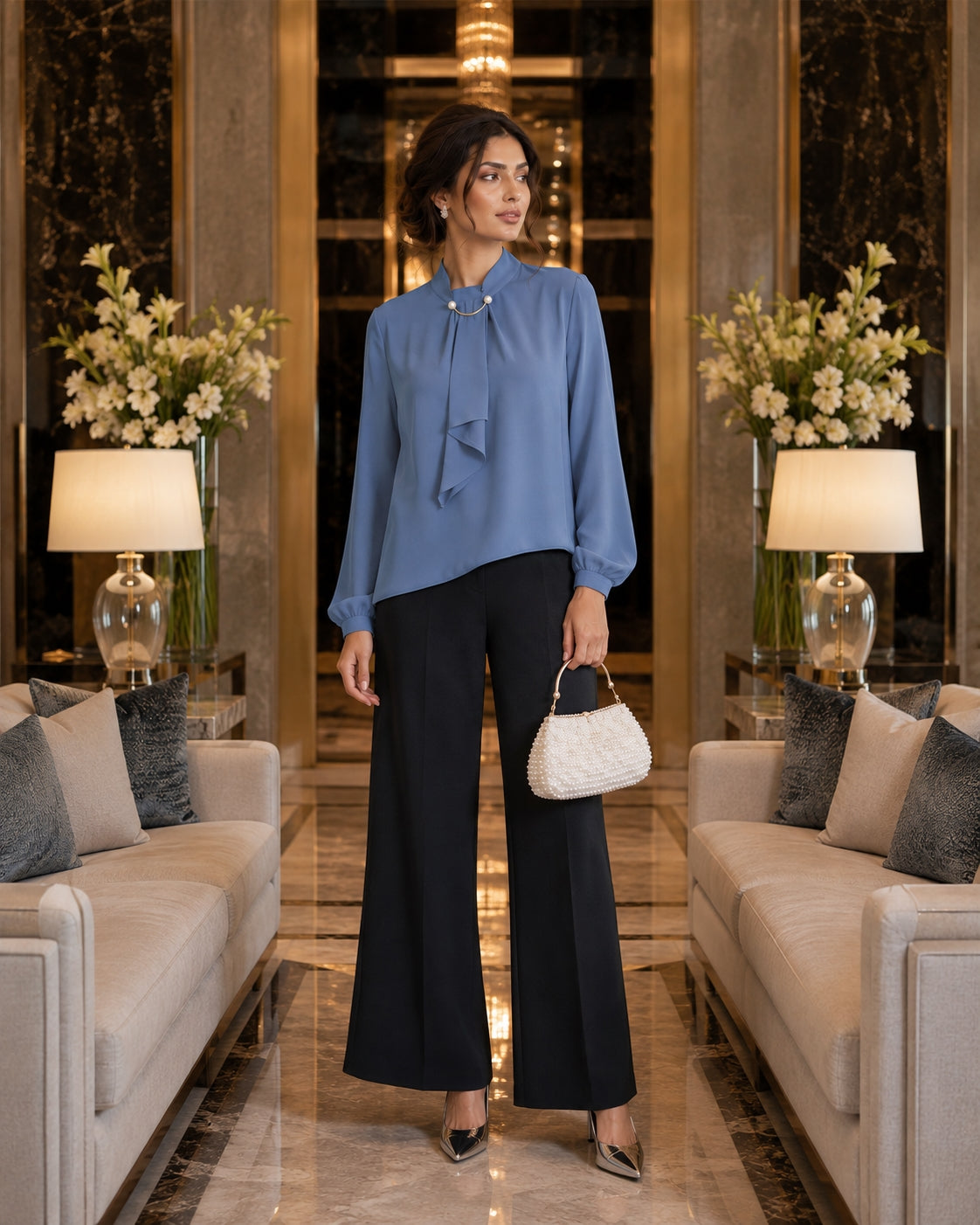 Summer Style Ring Buckle Design Lantern Sleeve Hooded Chiffon Long Sleeve Base Shirt Women's Top