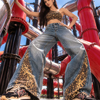 Retro Leopard Print Patchwork Baggy Jeans Women High Waist Wide Leg Washed Denim Pants Trousers Natalia Home Fashion    Natalia Home Fashion