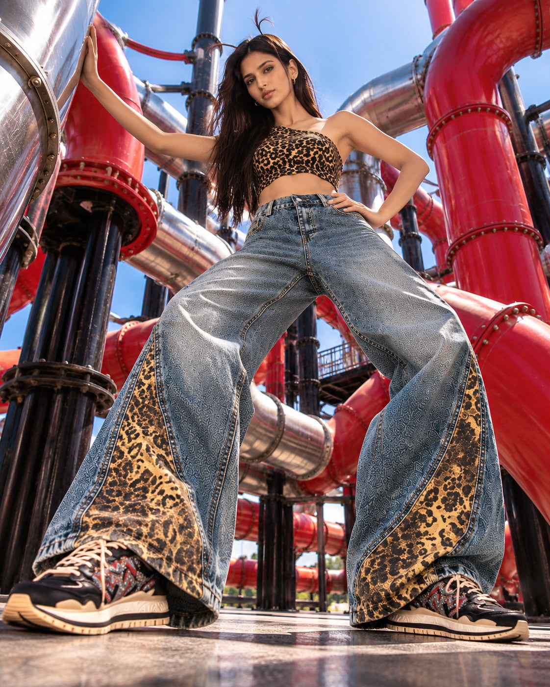 Retro Leopard Print Patchwork Baggy Jeans Women High Waist Wide Leg Washed Denim Pants Trousers Natalia Home Fashion    Natalia Home Fashion