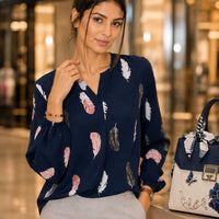 Fashion Woman Blouse Shirts For Women Stylish Top long Sleeve Feather Pattern Female Tops Elegant Chiffon Natalia Home Fashion    Natalia Home Fashion