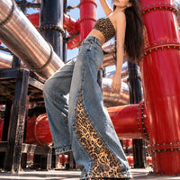 Retro Leopard Print Patchwork Baggy Jeans Women High Waist Wide Leg Washed Denim Pants Trousers Natalia Home Fashion    Natalia Home Fashion