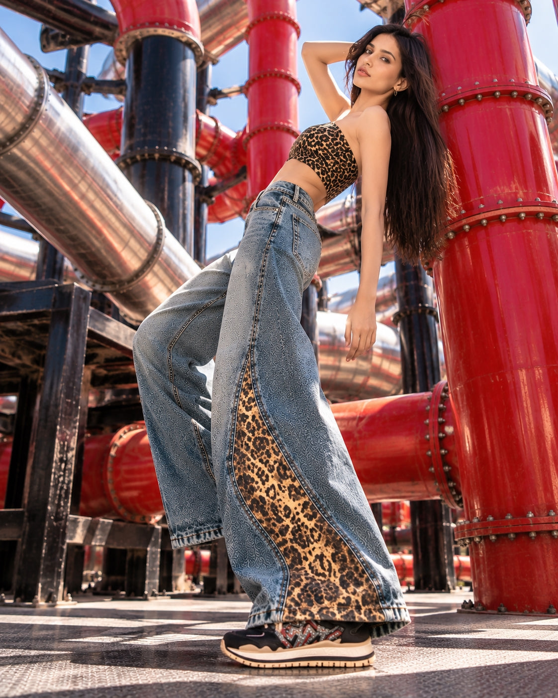 Retro Leopard Print Patchwork Baggy Jeans Women High Waist Wide Leg Washed Denim Pants Trousers Natalia Home Fashion    Natalia Home Fashion